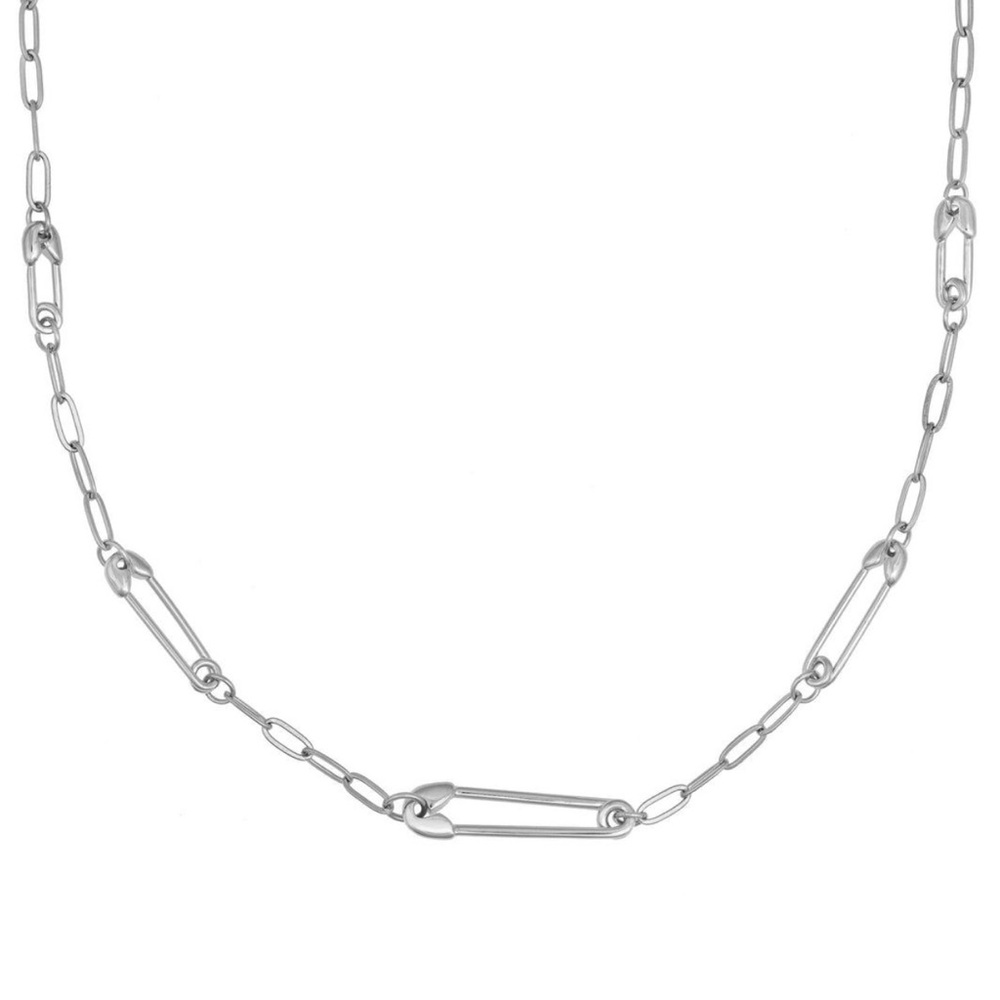 Safety pin necklace 15 inch chain choker. Rhodium plated silver. 925